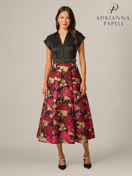 Crno - Adrianna Papell Taffeta Jacquard Shirt Dress