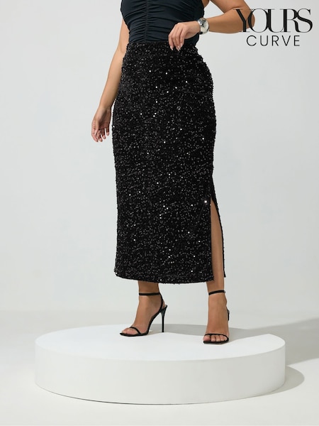 Black - Yours Curve Sequin Velvet Maxi Skirt