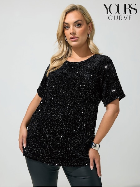 Black - Yours Curve Sequin Velvet T-shirt