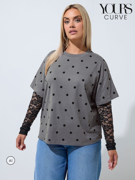 Grey - Yours Curve Limited Polka Dot Lace Sleeve T-shirt