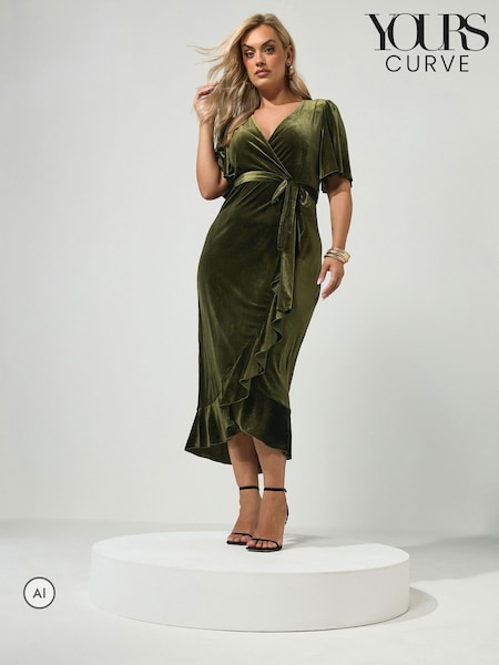 Moss Green - Yours Curve Velvet Ruffle Wrap Dress