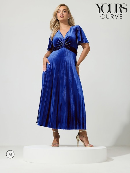 Blue - Yours Curve London Velvet Pleated Knot Front Dress