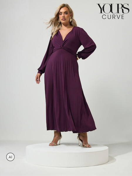 Purple - Yours Curve Pleated Knot Long Sleeve Maxi Dress