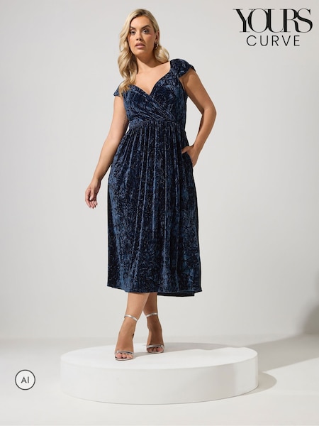 Blue - Yours Curve Velvet Wrap Bardot Dress