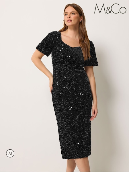 Black - M&co Sequin Velvet Square Neck A Line Dress