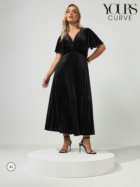 Black - Yours Curve Velvet Pleated Knot Front Dress