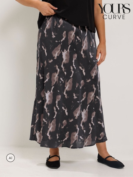 Black - Yours Curve Marble Print Satin Skirt