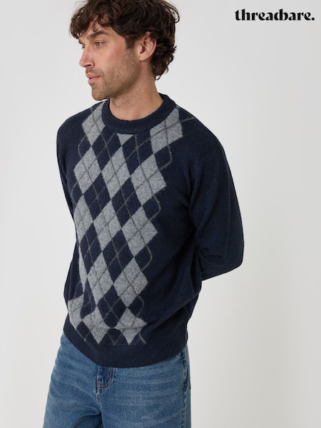 azul - Regular Threadbare Argyle Crew Neck Jumper