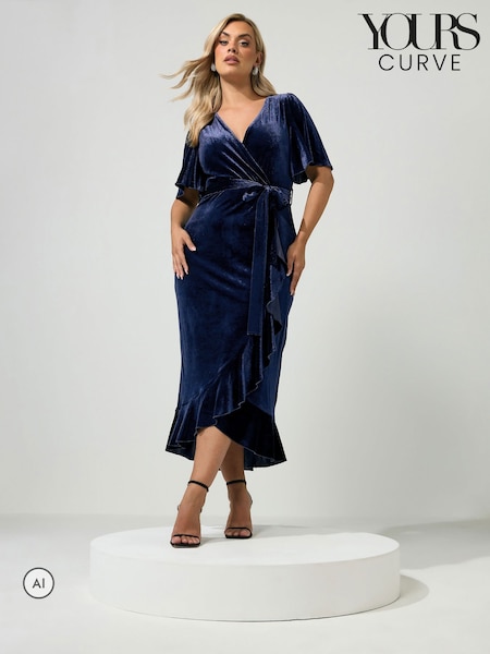 Blue - Yours Curve Velvet Ruffle Wrap Dress