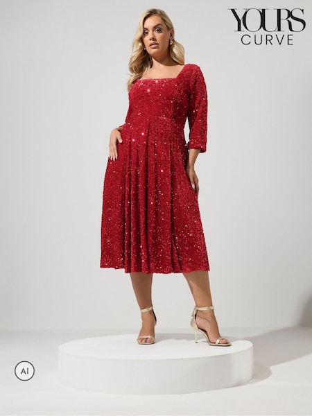 Red - Yours Curve London Sequin Velvet Skater Dress