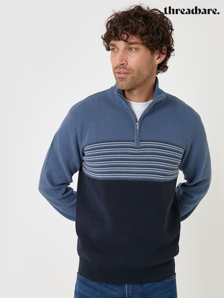 כחול  - Regular Threadbare Textured Stitch Quarter Zip Jumper