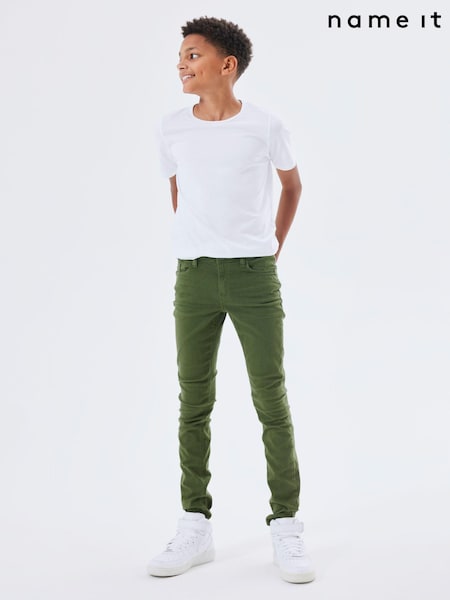 Green - Name It Slim Fit Cotton Twill Chino Trousers With Adjustable Waist (800360) | 78 LEI