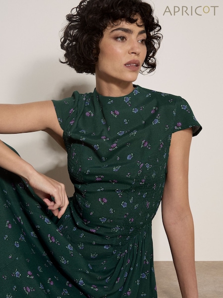 Жасыл - Apricot Floral Crepe Smocked Midi Dress