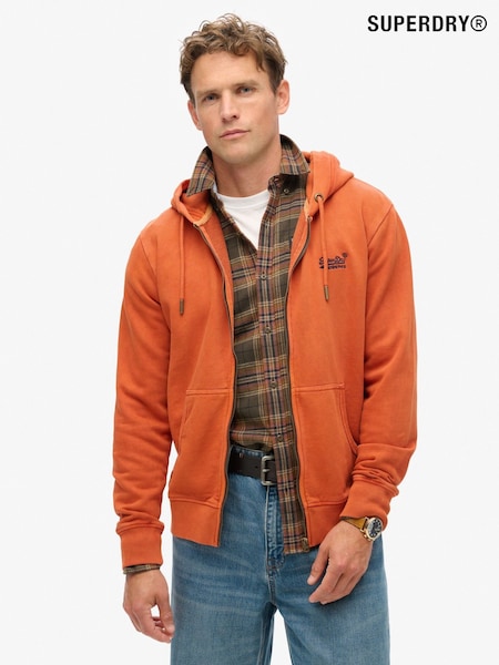 צבע חום סתווי מזוגג במראה משופשף - Superdry 100% Cotton Essential Logo Washed Zip Hoodie (800425) | ‏302‏₪