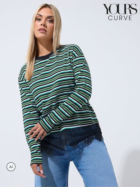 Green - Yours Curve Limited Stripe Long Sleeve Lace Hem T-shirt