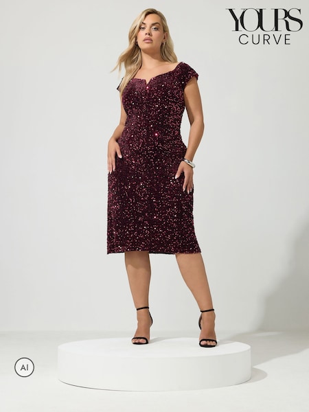 Қызыл - Yours Curve Sequin Velvet V Bar Dress
