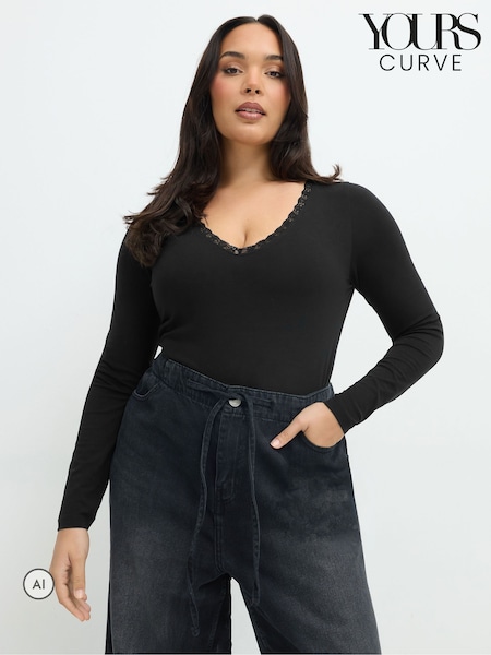Black - Yours Curve Limited Lace V Bodysuit