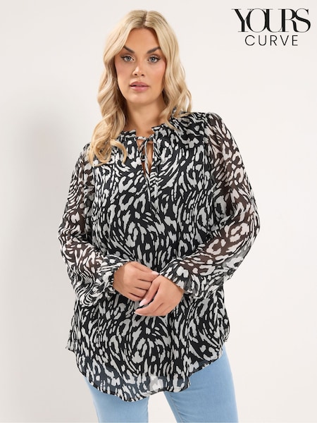 Black - Yours Curve Frill Neck Leopard Print Blouse