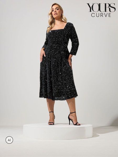Чорний - Yours Curve London Sequin Velvet Skater Dress