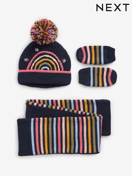Navy Stripe Pom Hat, Mitts And Scarf 3 Piece Set (3mths-6yrs) (800807) | €7