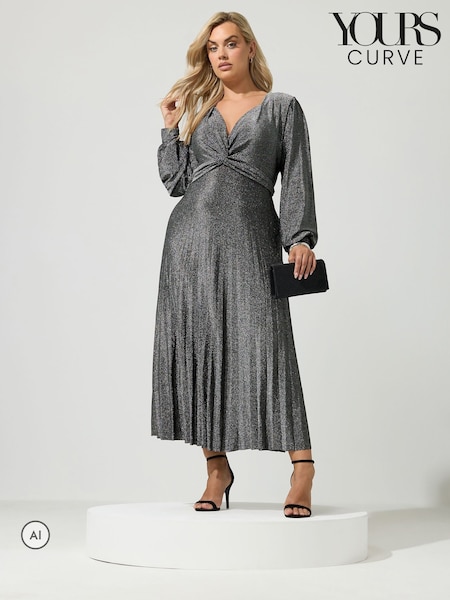 Silver - Yours Curve London Metallic Pleated Knot Dress