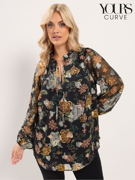 Black - Yours Curve Floral Metallic Frill Neck Blouse