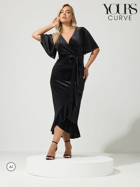 Black - Yours Curve London Velvet Ruffle Wrap Dress