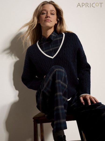 Blue - Apricot Cable Knit Tipped Cricket Jumper