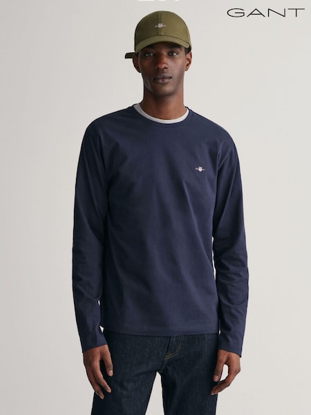 GANT Evening Blue Regular Fit Shield Logo Long Sleeve 100% Cotton T-Shirt (801738) | €33