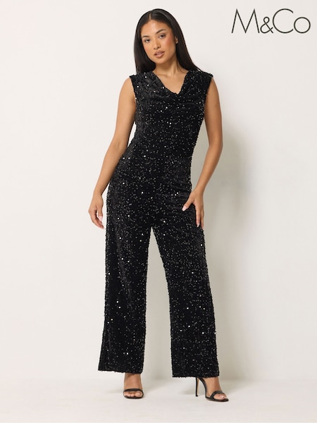 Black - M&co Sequin Velvet Cowl Neck Jumpsuit