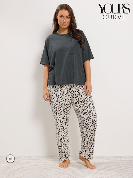 Grey - Yours Curve Leopard Wide Leg Pyjama Set