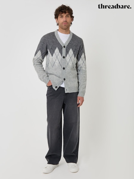 Grey - Regular Threadbare Wool Blend Argyle Button Up Cardigan