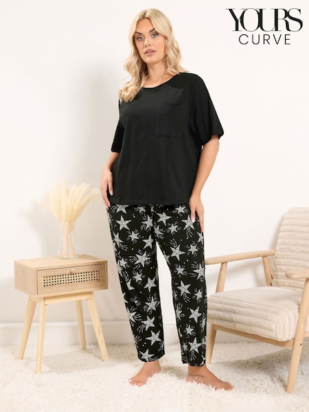 Black - Yours Curve Star Wide Leg Pyjama Set