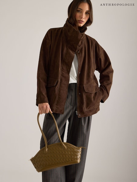 Brown - Anthropologie Suede Funnel-neck Jacket