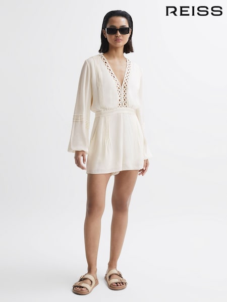Reiss Cream Rachelle Long Sleeve Lattice Playsuit (802522) | €72