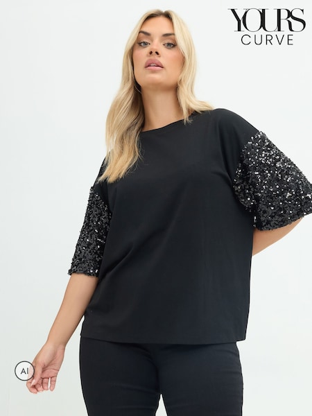 Black - Yours Curve Limited Sequin Sleeve Cotton T-shirt
