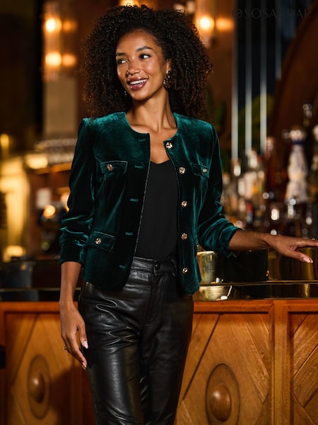Green - Sosandar Velvet Collarless Jacket