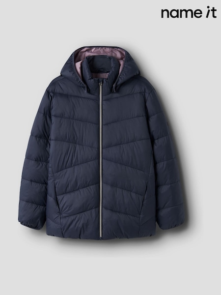 Blue - Name It Padded Zip Up Jacket With Detachable