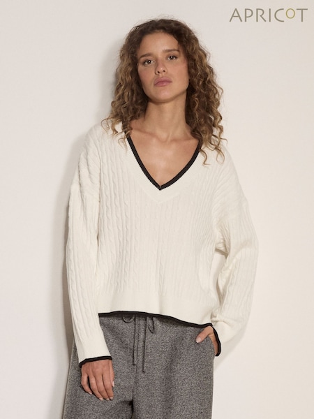 White - Apricot Cable Knit Tipped Cricket Jumper