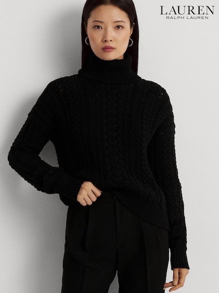 Lauren Ralph Lauren Cable Knit Cotton Blend Turtleneck Black Jumper (804344) | €114