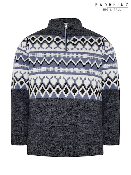 Grey - Regular Badrhino Big & Tall Fairisle Quarter Zip Knitted Jumper