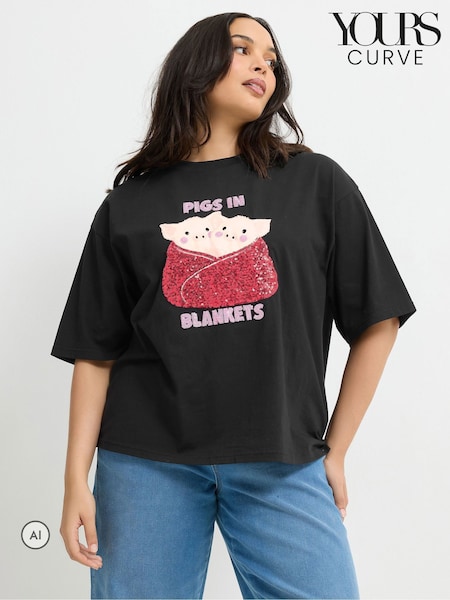 Black - Yours Curve Limited 'pig In Blankets' Cotton T-shirt