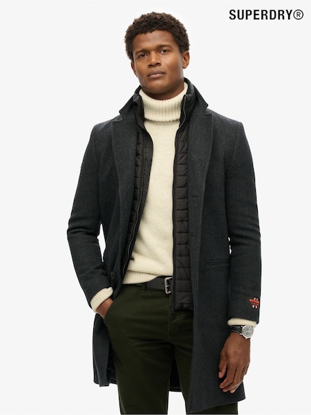 Superdry Black Herringbone Tailored 2 in 1 Town Coat (805541) | 458 QAR
