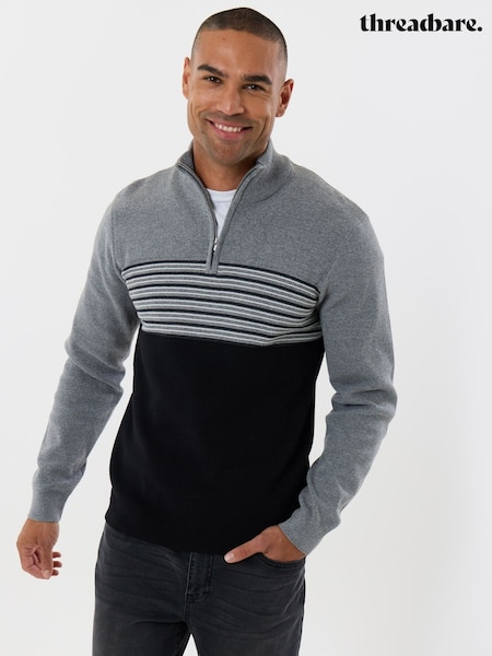 Black - Regular Threadbare Textured Stitch Quarter Zip Jumper
