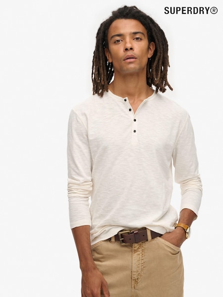 Superdry White 100% Cotton Slub Long Sleeve Jersey Grandad Top (805740) | €51
