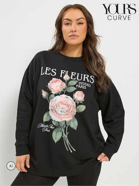 أسود - سويت شيرت مزيّن بعبارة Les Fleurs من Yours Curve