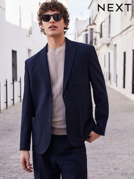 Navy Blue Relaxed Fit Seersucker Suit Jacket (806842) | €17