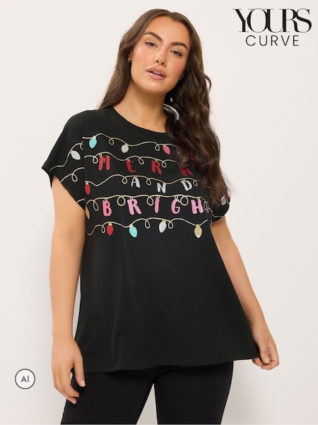 Black - Yours Curve 'merry And Bright' Glitter Slogan Novelty T-shirt