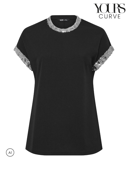 Қара - Yours Curve Sequin Trim T-shirt