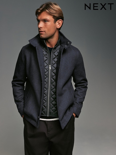 Navy Blue Mock Gilet Herringbone Padded Jacket with Wool (807723) | AED272